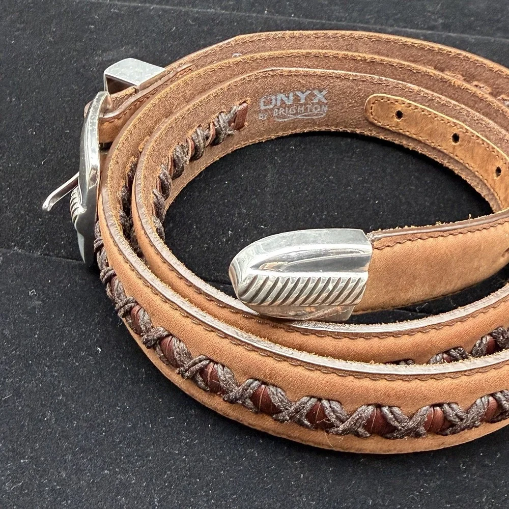 Brighton Onyx Mens Brown Leather Belt 42 Vintage Western Woven Braided Cord